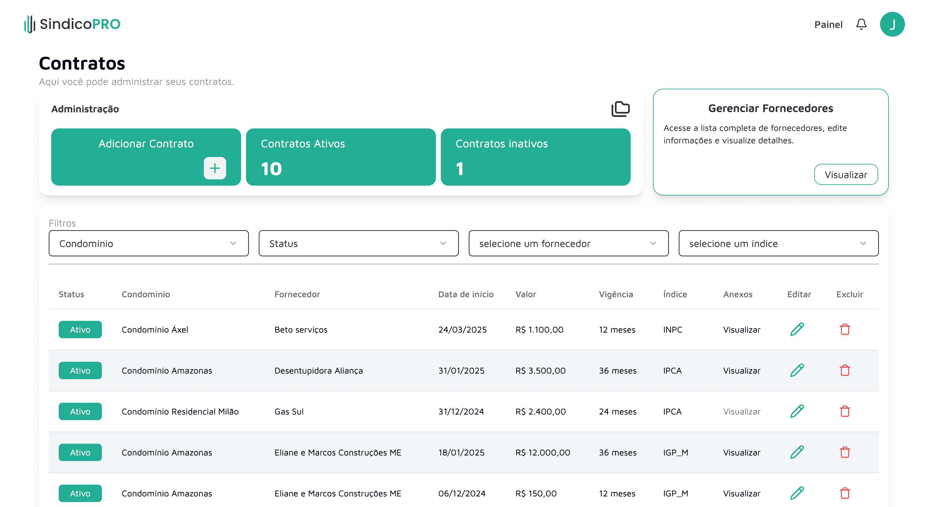 Tela de Contratos do Síndico Pro