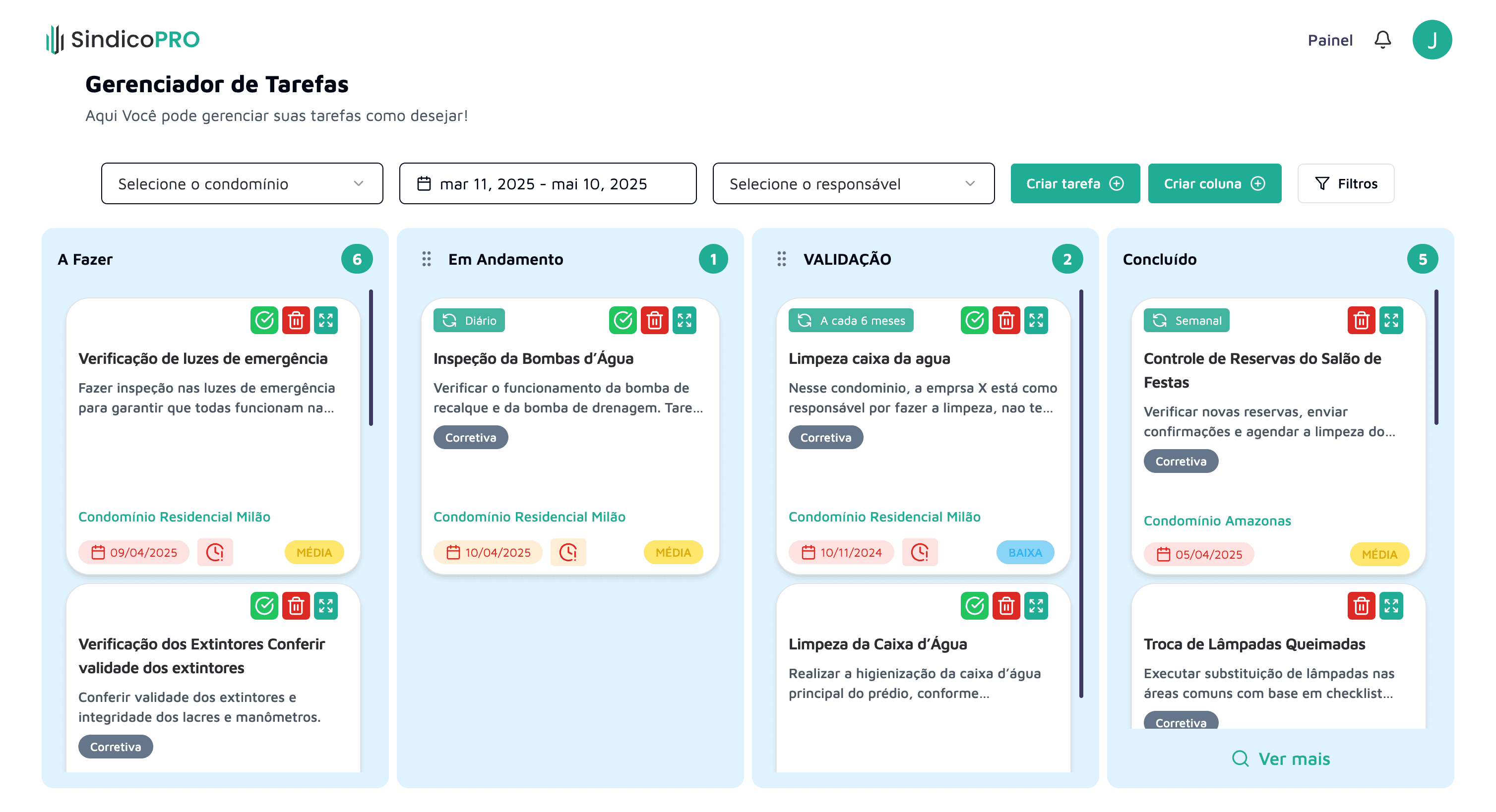 Tela do Kanban de tarefas do Síndico Pro