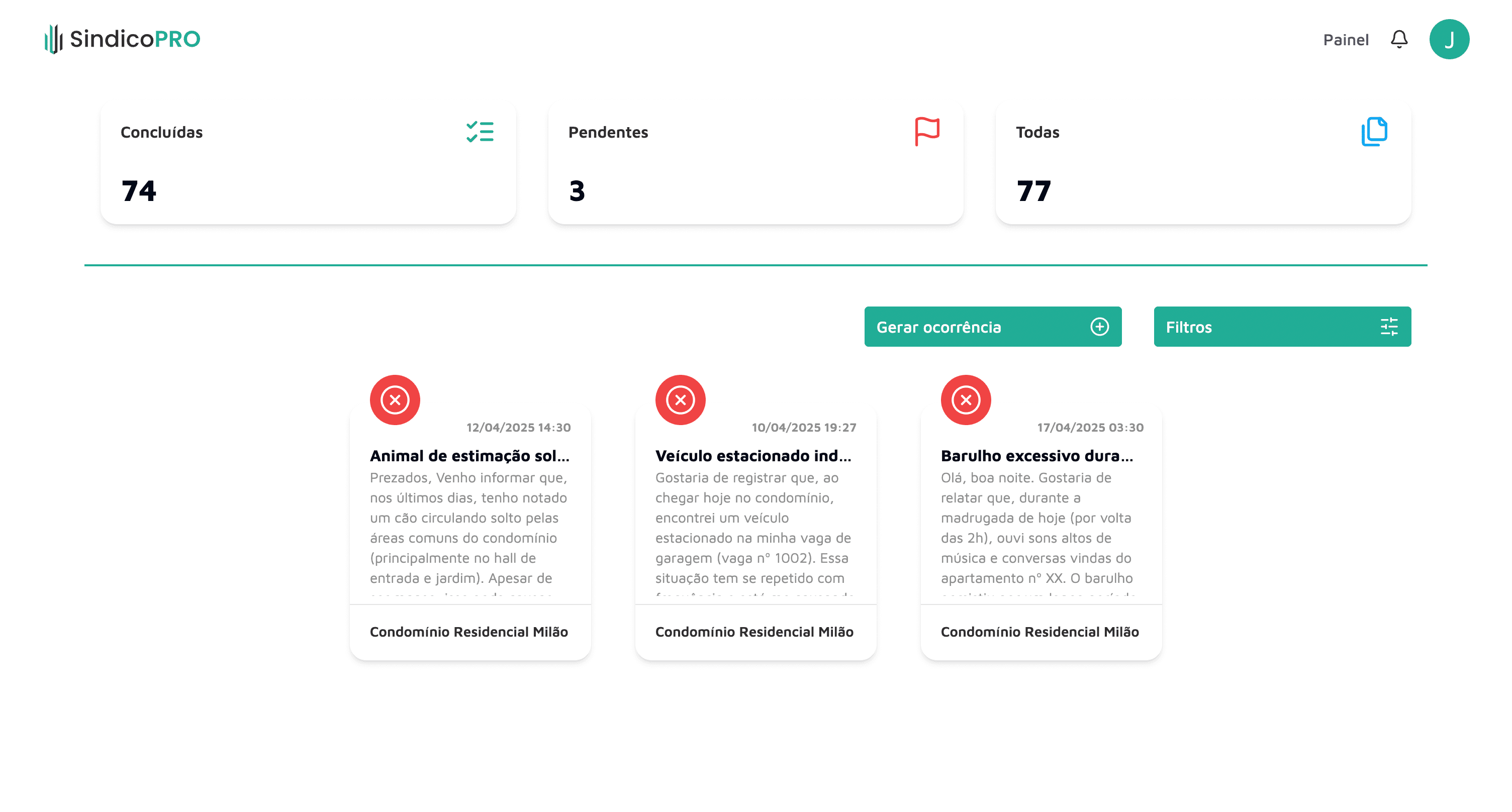 Tela de Ocorrências do Síndico Pro