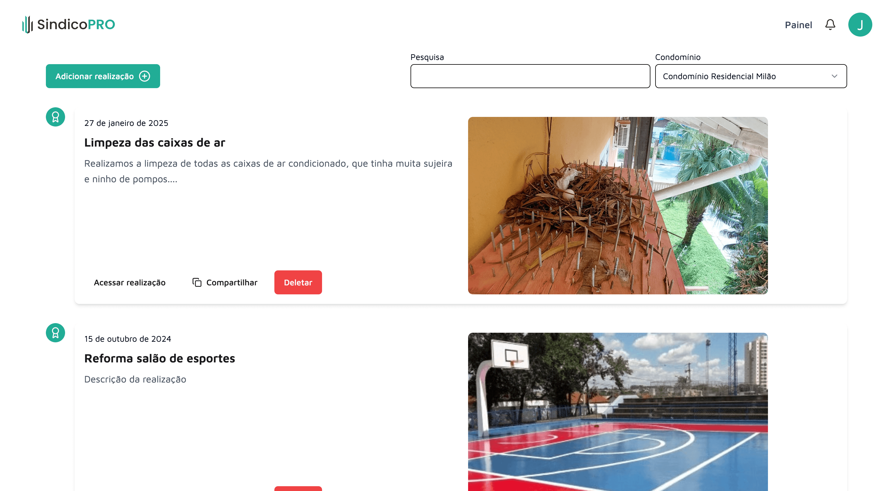 Tela de Realizações do Síndico Pro